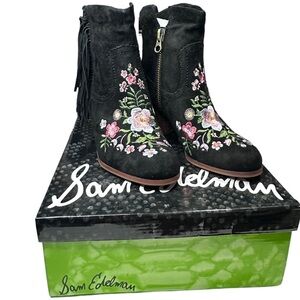 Sam Edelman Letti Black Suede Embroidered Boots Size 6 NWT / NIB